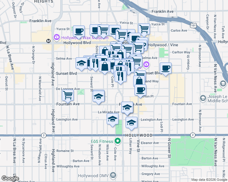 map of restaurants, bars, coffee shops, grocery stores, and more near 1355 North Cahuenga Boulevard in Los Angeles