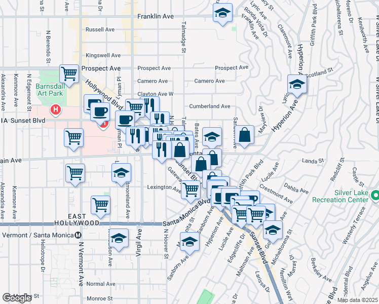 map of restaurants, bars, coffee shops, grocery stores, and more near 1322 Talmadge Street in Los Angeles