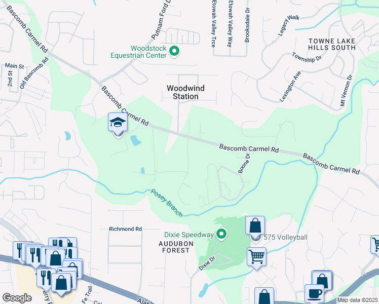 map of restaurants, bars, coffee shops, grocery stores, and more near 1019 Cooks Farm Way in Woodstock