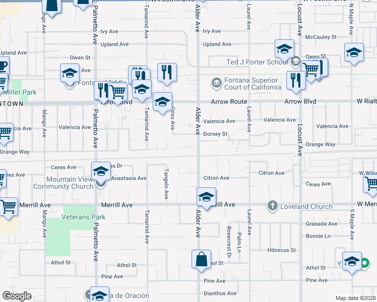 map of restaurants, bars, coffee shops, grocery stores, and more near 17698 Orange Court in Fontana