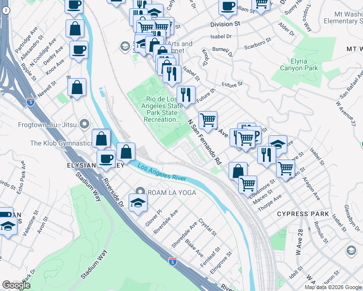 map of restaurants, bars, coffee shops, grocery stores, and more near 2700 East Chaucer Street in Los Angeles