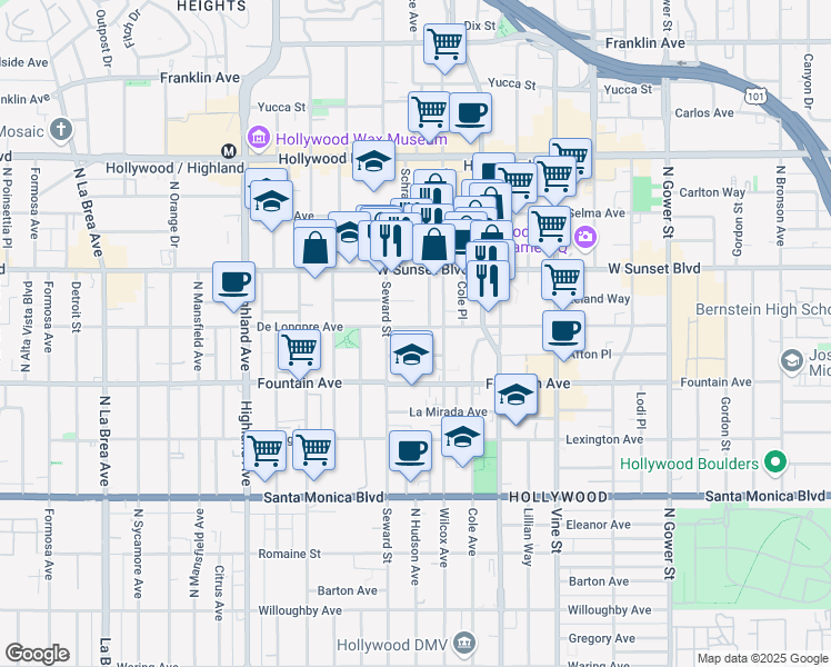 map of restaurants, bars, coffee shops, grocery stores, and more near 6544 De Longpre Avenue in Los Angeles