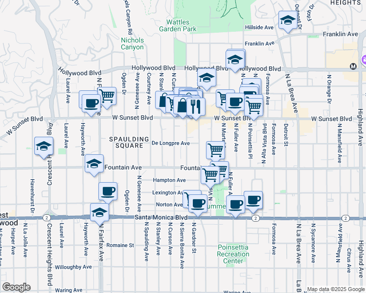 map of restaurants, bars, coffee shops, grocery stores, and more near 1355 North Sierra Bonita Avenue in Los Angeles