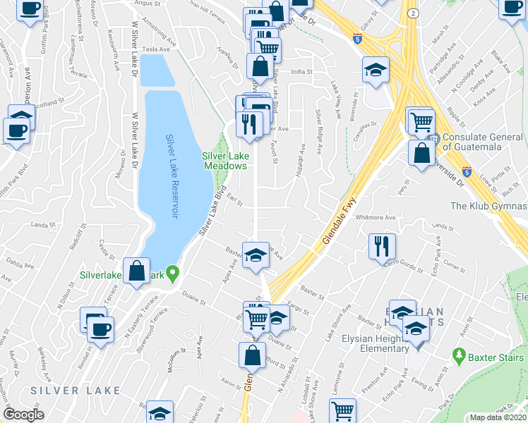 map of restaurants, bars, coffee shops, grocery stores, and more near 2342 Earl Street in Los Angeles