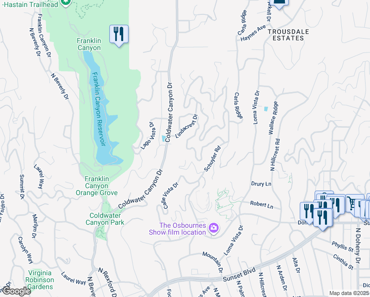 map of restaurants, bars, coffee shops, grocery stores, and more near 9400 Readcrest Drive in Beverly Hills