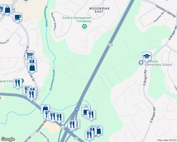 map of restaurants, bars, coffee shops, grocery stores, and more near 180 Maddox Road in Buford
