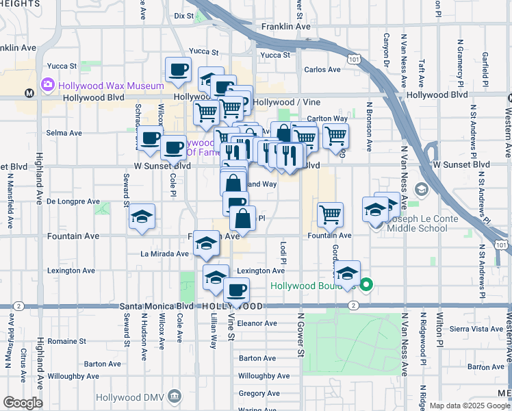 map of restaurants, bars, coffee shops, grocery stores, and more near 6238 De Longpre Avenue in Los Angeles