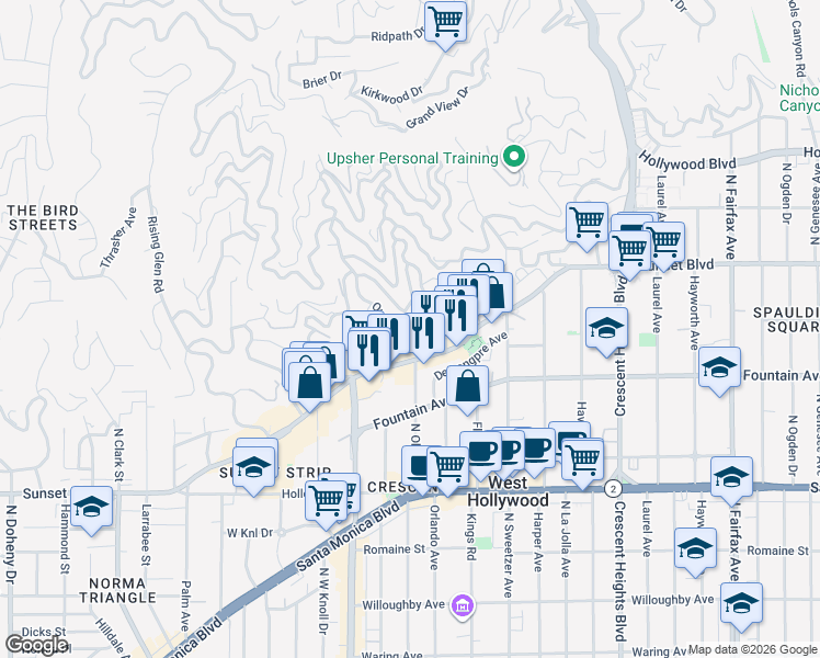 map of restaurants, bars, coffee shops, grocery stores, and more near 8444 Harold Way in Los Angeles