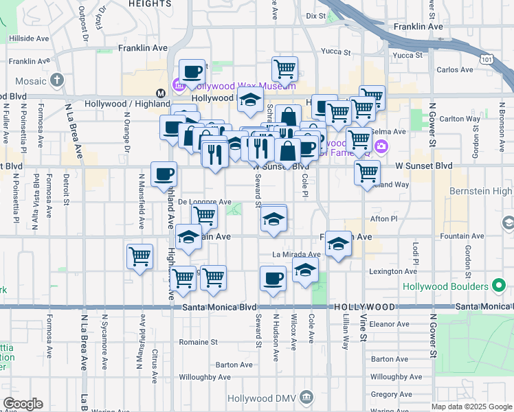 map of restaurants, bars, coffee shops, grocery stores, and more near 1403 Seward Street in Los Angeles