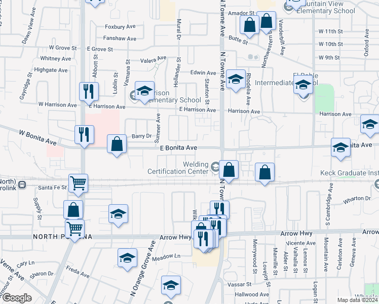 map of restaurants, bars, coffee shops, grocery stores, and more near 657 Garden Avenue in Pomona