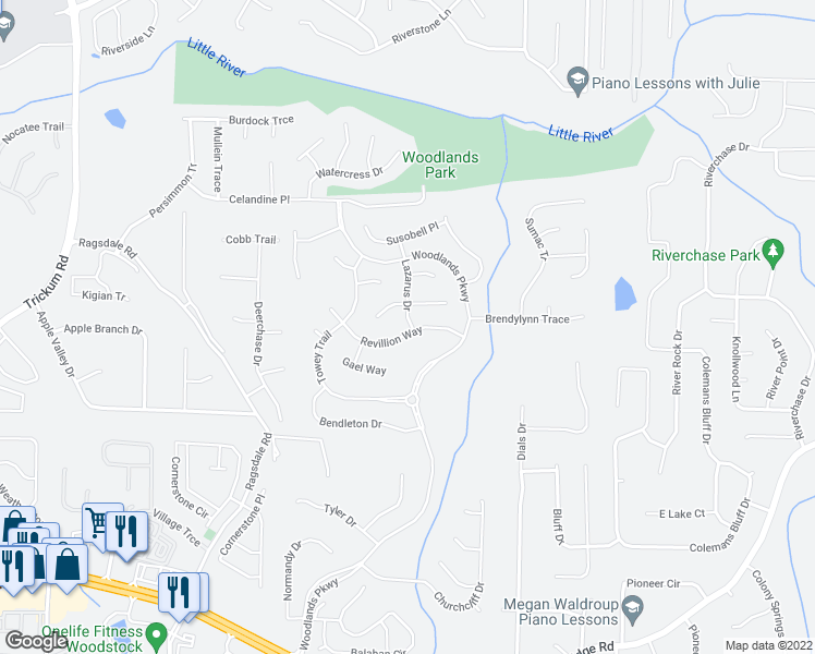 map of restaurants, bars, coffee shops, grocery stores, and more near 218 Revillion Way in Woodstock