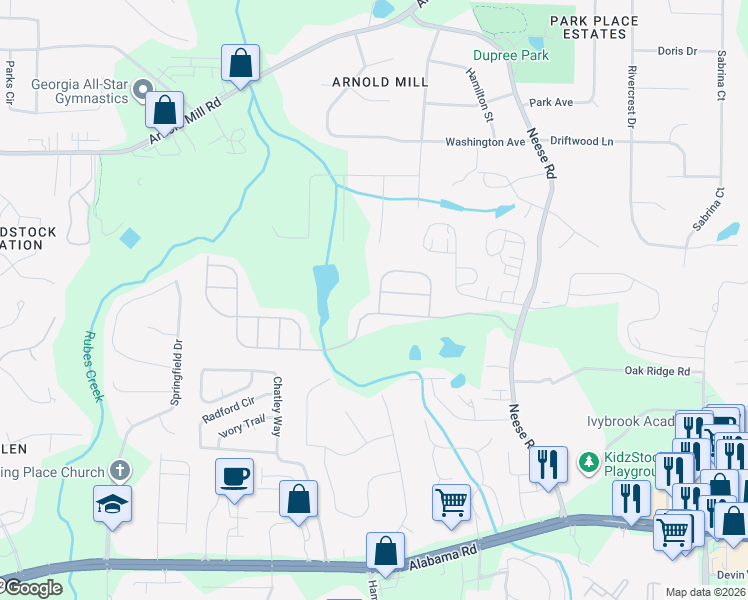 map of restaurants, bars, coffee shops, grocery stores, and more near 346 Melrose Circle in Woodstock