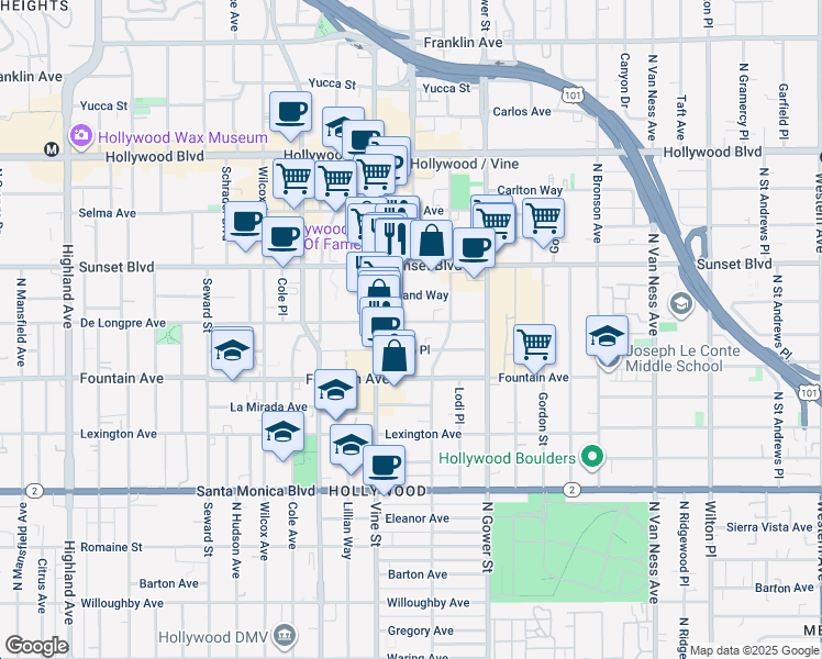 map of restaurants, bars, coffee shops, grocery stores, and more near 6261 De Longpre Avenue in Los Angeles