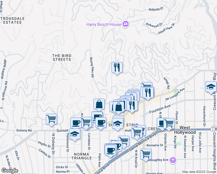 map of restaurants, bars, coffee shops, grocery stores, and more near 1440 Sunset Plaza Drive in Los Angeles