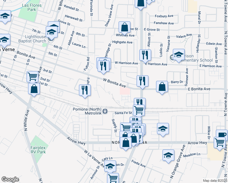 map of restaurants, bars, coffee shops, grocery stores, and more near 280 West Bonita Avenue in Pomona