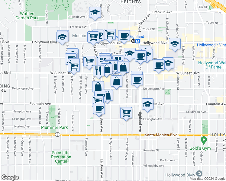 map of restaurants, bars, coffee shops, grocery stores, and more near 7030 De Longpre Avenue in Los Angeles