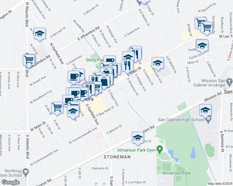 map of restaurants, bars, coffee shops, grocery stores, and more near 412 East Main Street in Alhambra