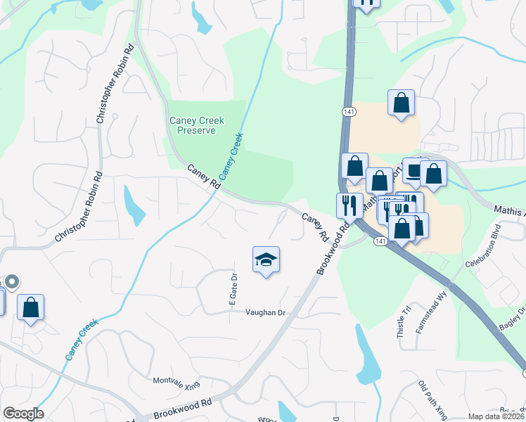 map of restaurants, bars, coffee shops, grocery stores, and more near 2875 Stonehenge Court in Cumming
