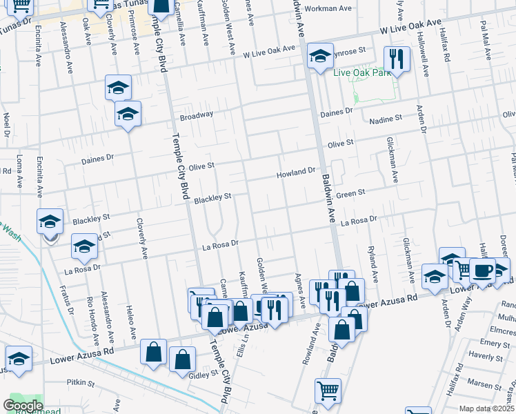 map of restaurants, bars, coffee shops, grocery stores, and more near 9811 Miloann Street in Temple City