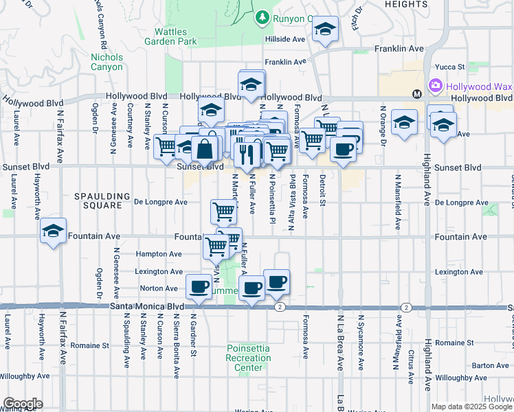 map of restaurants, bars, coffee shops, grocery stores, and more near 1400 North Fuller Avenue in Los Angeles