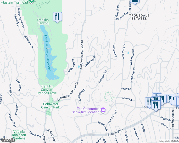 map of restaurants, bars, coffee shops, grocery stores, and more near 9400 Readcrest Drive in Beverly Hills