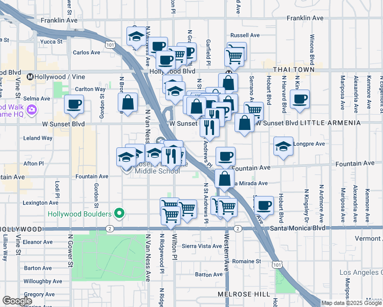 map of restaurants, bars, coffee shops, grocery stores, and more near 5645 Fernwood Avenue in Los Angeles