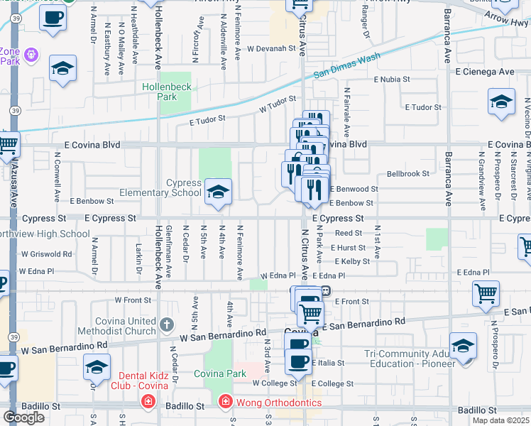 map of restaurants, bars, coffee shops, grocery stores, and more near 18327 East Cypress Street in Covina