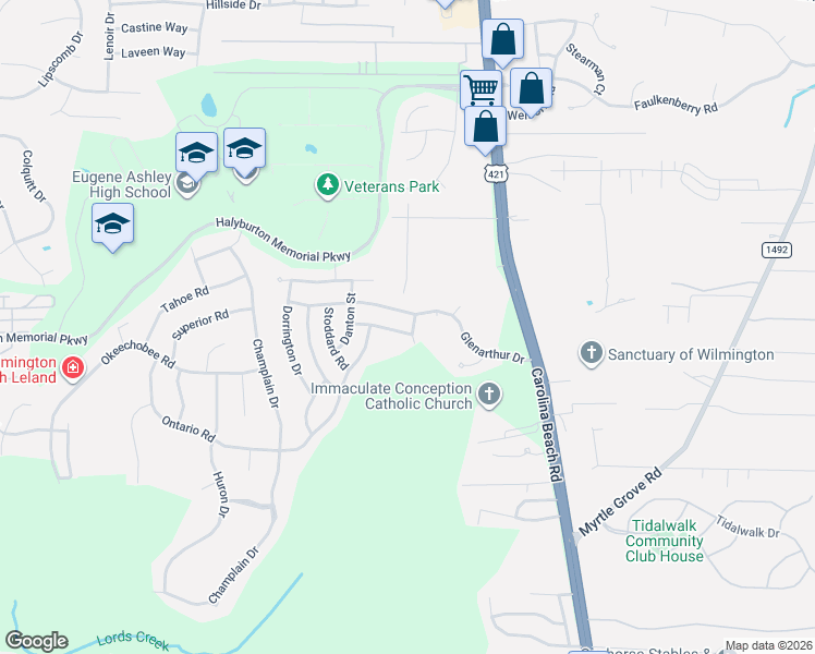 map of restaurants, bars, coffee shops, grocery stores, and more near 801 Glenarthur Drive in Wilmington