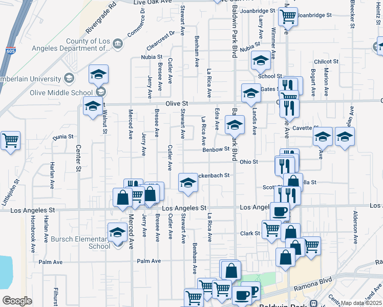 map of restaurants, bars, coffee shops, grocery stores, and more near 14018 Benbow Street in Baldwin Park