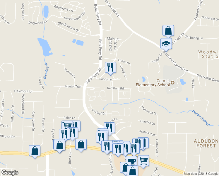 map of restaurants, bars, coffee shops, grocery stores, and more near 763 Red Barn Road in Acworth