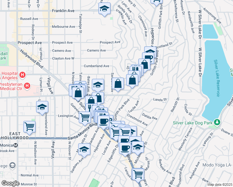 map of restaurants, bars, coffee shops, grocery stores, and more near 3925 Fountain Avenue in Los Angeles