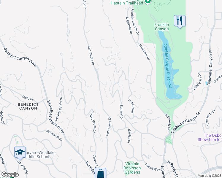 map of restaurants, bars, coffee shops, grocery stores, and more near 1415 Summitridge Drive in Beverly Hills