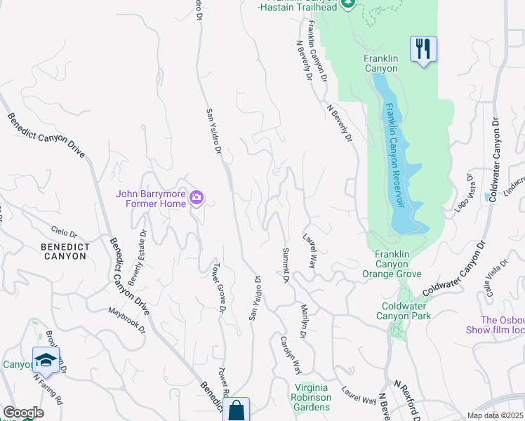 map of restaurants, bars, coffee shops, grocery stores, and more near 1415 Summitridge Drive in Beverly Hills