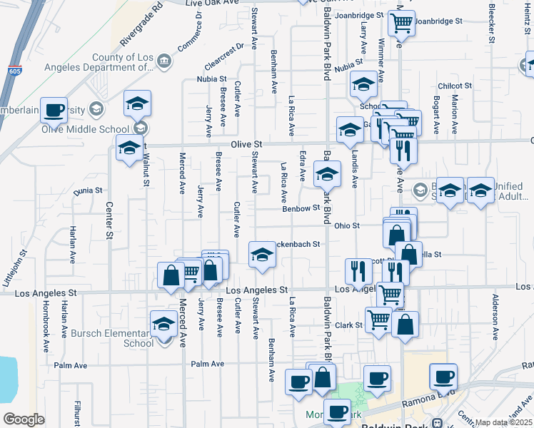map of restaurants, bars, coffee shops, grocery stores, and more near 14018 Benbow Street in Baldwin Park