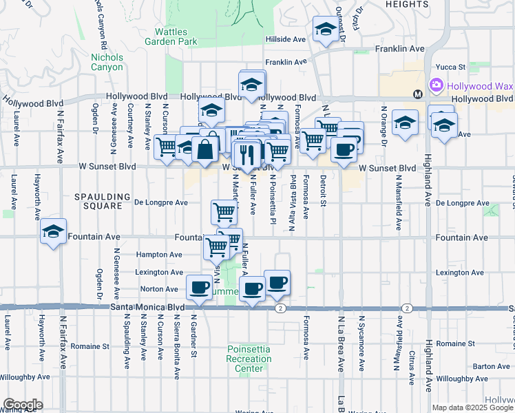 map of restaurants, bars, coffee shops, grocery stores, and more near 1400 North Fuller Avenue in Los Angeles