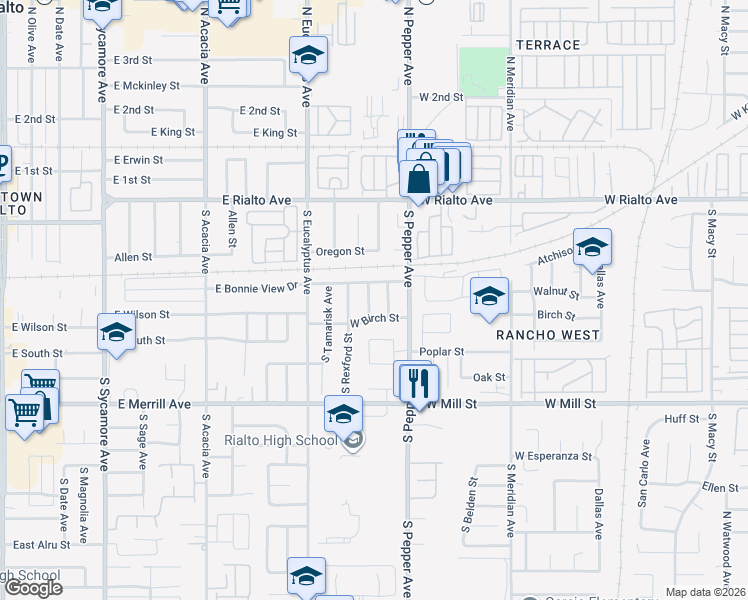 map of restaurants, bars, coffee shops, grocery stores, and more near 250 South Loretta Street in Rialto