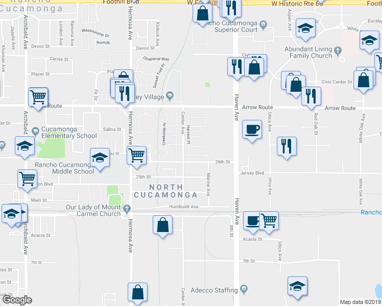 map of restaurants, bars, coffee shops, grocery stores, and more near 10352 Bold Red Drive in Rancho Cucamonga