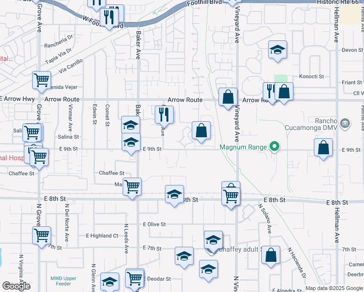 map of restaurants, bars, coffee shops, grocery stores, and more near 8689 East 9th Street in Rancho Cucamonga