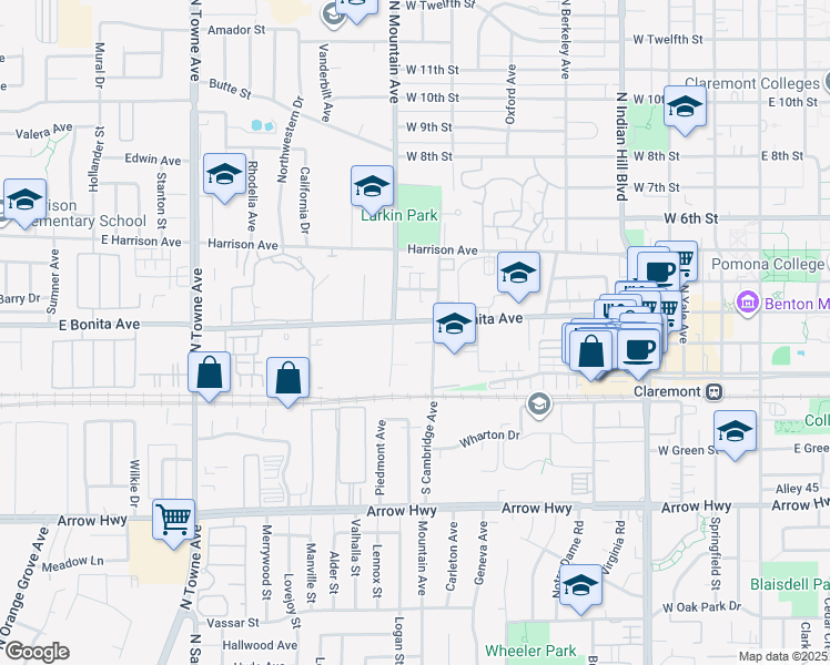 map of restaurants, bars, coffee shops, grocery stores, and more near 306 North Mountain Avenue in Claremont