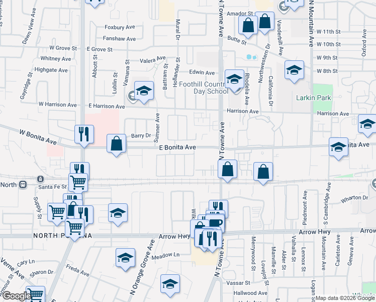 map of restaurants, bars, coffee shops, grocery stores, and more near 629 Alderbery Lane in Pomona