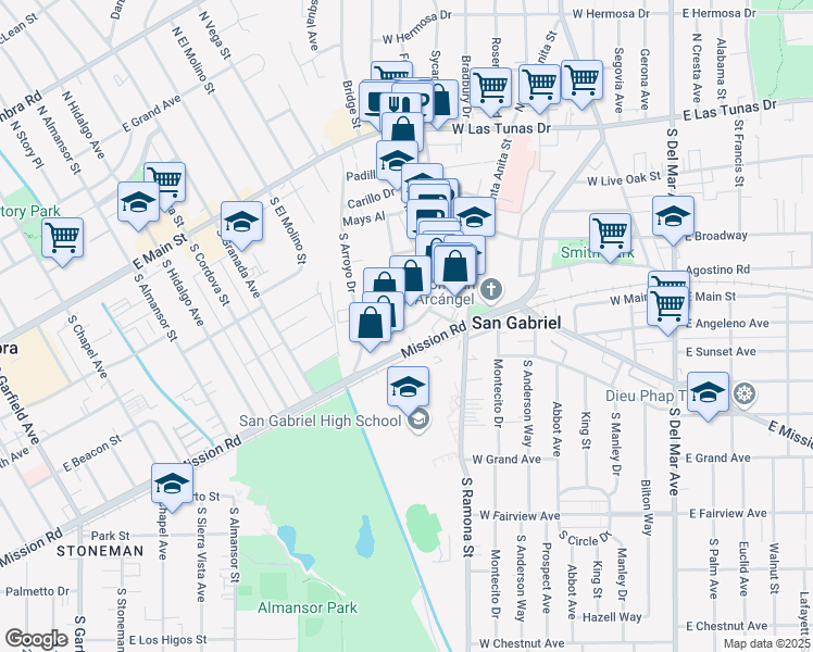 map of restaurants, bars, coffee shops, grocery stores, and more near 721 West Santa Anita Street in San Gabriel