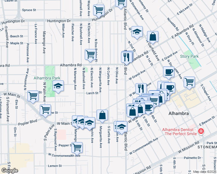 map of restaurants, bars, coffee shops, grocery stores, and more near 402 North Curtis Avenue in Alhambra
