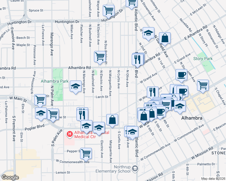 map of restaurants, bars, coffee shops, grocery stores, and more near 331 North Marguerita Avenue in Alhambra