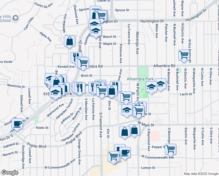 map of restaurants, bars, coffee shops, grocery stores, and more near 2419 West Grand Avenue in Alhambra
