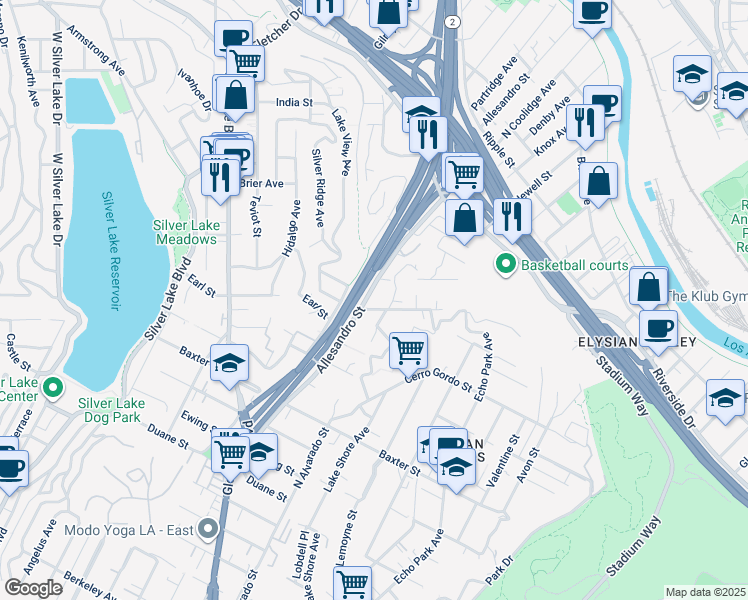 map of restaurants, bars, coffee shops, grocery stores, and more near 2392 Allesandro Street in Los Angeles