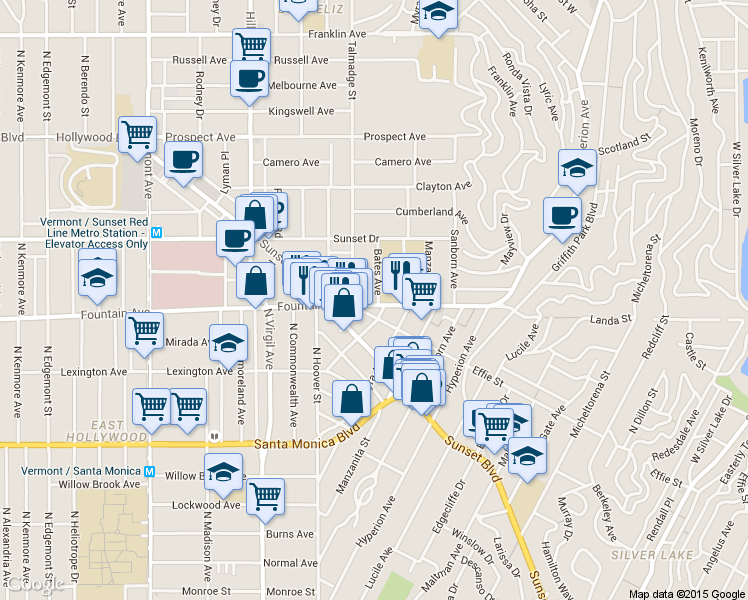 map of restaurants, bars, coffee shops, grocery stores, and more near 1322 Talmadge Street in Los Angeles