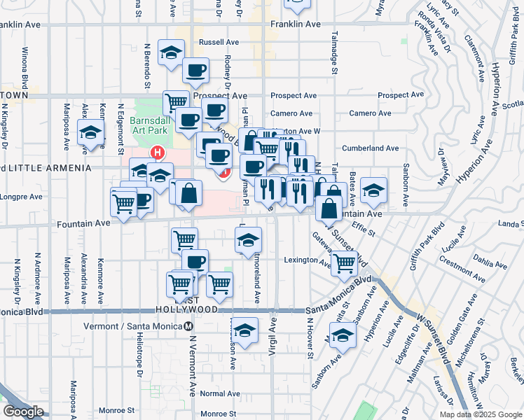 map of restaurants, bars, coffee shops, grocery stores, and more near 1324 North Virgil Avenue in Los Angeles