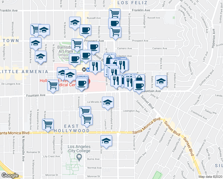 map of restaurants, bars, coffee shops, grocery stores, and more near 1318 Lyman Place in Los Angeles