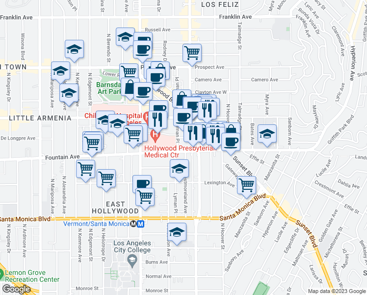 map of restaurants, bars, coffee shops, grocery stores, and more near 1318 Lyman Place in Los Angeles