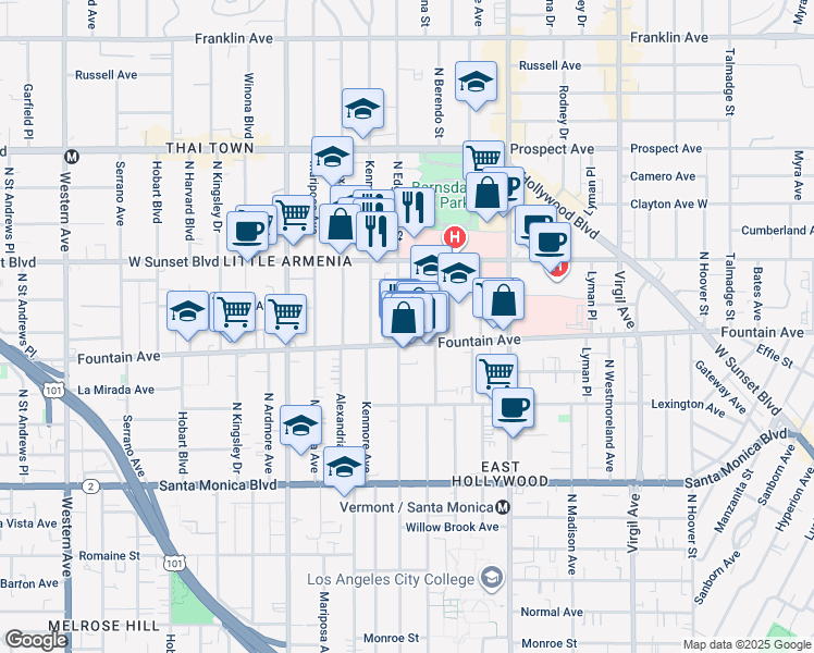 map of restaurants, bars, coffee shops, grocery stores, and more near 1340 North Edgemont Street in Los Angeles